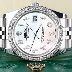 Rolex Datejust 116200 36mm 2ct Diamond Bezel/White Pearl Arabic Dial Steel Watch