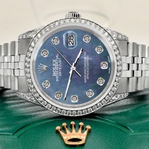 Rolex Datejust 36mm Steel Watch 2.85ct Diamond Bezel/Pave Case/Black Pearl Dial