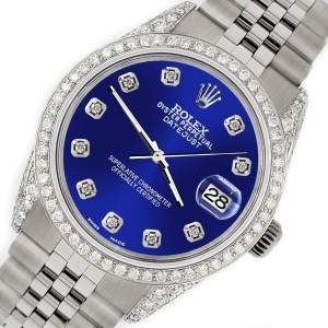 Rolex Datejust 36mm Steel Watch 2.85ct Diamond Bezel/Pave Case/Navy Blue Dial