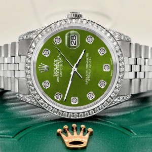 Rolex Datejust 36mm Steel Watch 2.85ct Diamond Bezel/Pave Case/Royal Green Dial