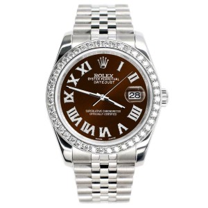 Rolex Datejust 116200 36mm 2.0ct Diamond Bezel/Chocolate Roman Dial Steel Watch