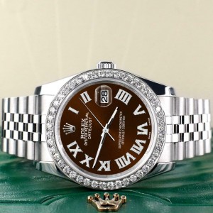 Rolex Datejust 116200 36mm 2.0ct Diamond Bezel/Chocolate Roman Dial Steel Watch