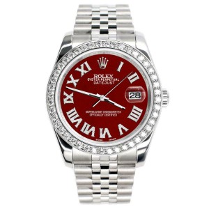 Rolex Datejust 116200 36mm 2ct Diamond Bezel/Imperial Red Roman Dial Steel Watch