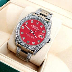 Rolex Datejust 36mm 5.9ct Diamond Bezel/Lugs/Bracelet/Scarlet Red Dial BoxPapers