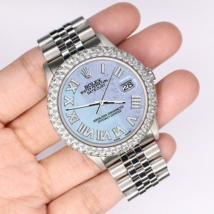 Rolex Datejust 36mm 4.6ct Dome Diamond Bezel/Purple MOP Roman Dial Steel Watch 