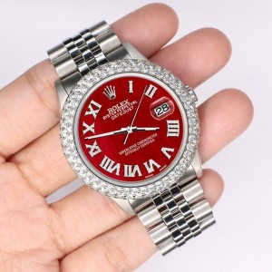 Rolex Datejust 36mm 4.6ct Dome Diamond Bezel/Red MOP Roman Dial Steel Watch