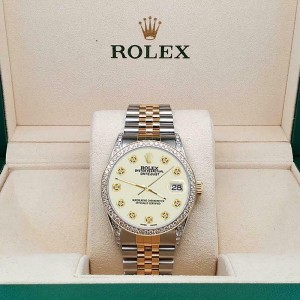 Rolex Datejust 2-Tone 36mm 1.4ct Diamond Bezel/Lugs/Linen White Dial Watch