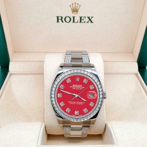 Rolex Datejust II 41mm 5ct Diamond Bezel/Bracelet/Scarlet Red Dial Watch 116300