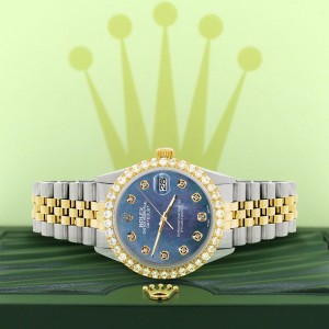 Rolex Datejust 36mm 2-Tone Watch 3.05ct Diamond Bezel/Black Pearl Diamond Dial