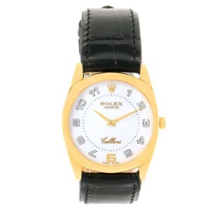 Rolex Cellini Danaos 18K Yellow Gold White Dial Black Strap Watch 