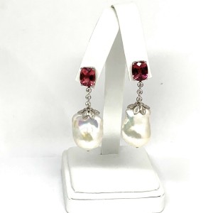 Diamond Tourmaline Freshwater Pearl Earrings 14k Gold Certified 