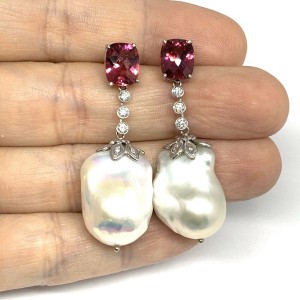 Diamond Tourmaline Freshwater Pearl Earrings 14k Gold Certified 