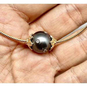 Diamond Tahitian Pearl Necklace 14.25 mm 14k Gold Italy Certified $3,950 915304