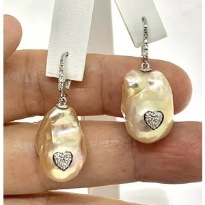 Diamond Golden Freshwater Pearl Earrings 14k Gold Certified 