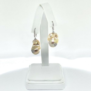 Diamond Golden Freshwater Pearl Earrings 14k Gold Certified 