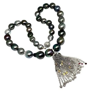 Diamond Sapphire Ruby Tahitian Pearl Necklace 18k Gold Certified $13,950 910880