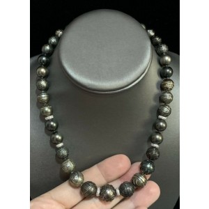 Diamond Carved Tahitian Pearl Necklace 14.8 mm 17" Certified