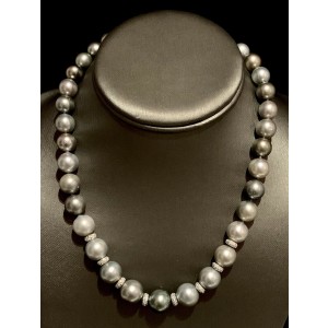 Diamond Tahitian Pearl Necklace 12.9 mm 18k Gold 17.25" 