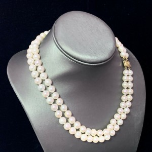 Diamond Akoya Pearl Necklace 2-Strand 14k YG 8.5 mm 17" Certified $8,950 111849