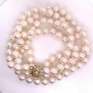 Diamond Akoya Pearl Necklace 2-Strand 14k YG 8.5 mm 17" Certified $8,950 111849
