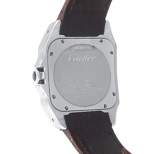 Cartier Santos 100 Stainless Steel Brown Leather Auto Silver Mens Watch  