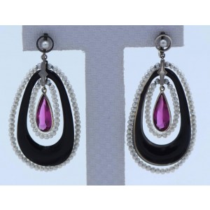 White Gold, Black Onyx, Rubellite and Seed Pearl Pendant Clip-On Earrings