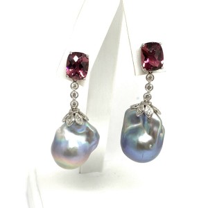 Diamond Tourmaline Freshwater Pearl Earrings 14k Gold Certified
