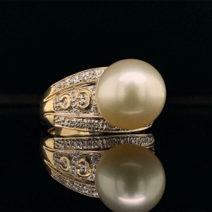 Diamond South Sea Pearl Ring 14k Gold Large 11.5 mm Certified 