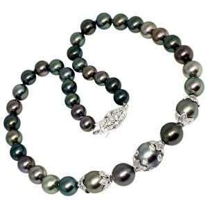 Diamond Tahitian Pearl Necklace 18k Gold 13.25 mm 17" Certified 
