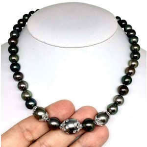 Diamond Tahitian Pearl Necklace 18k Gold 13.25 mm 17" Certified 