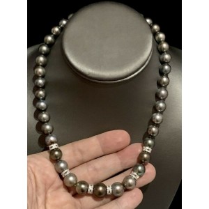Diamond Tahitian Pearl Necklace 18k Gold 12.9 mm 18" Certified 
