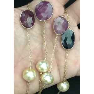 South Sea Pearl Ruby Sapphire Necklace 14k Gold Italy 