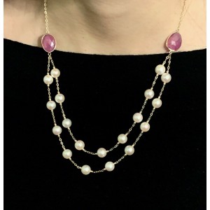 Akoya Pearl Ruby Necklace 14k Gold 7.80 mm 19 3/4"