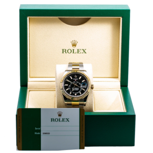 ROLEX SKY DWELLER WATCH 326933 STEEL AND YELLOW GOLD BLACK DIAL BOX AND CARD