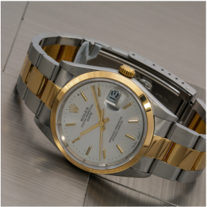 ROLEX DATE WATCH 15203 34MM STEEL AND YELLOW GOLD SILVER DIAL OYSTER BRACELET