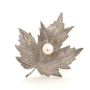 Mikimoto Estate Akoya Pearl Sterling Silver Leaf Brooch 