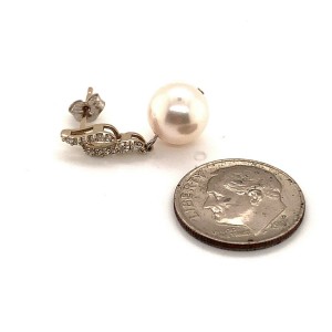 Diamond Akoya Pearl Dangle Earrings 14k Gold 9.2 mm Certified
