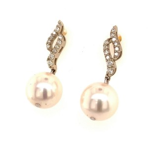 Diamond Akoya Pearl Dangle Earrings 14k Gold 9.2 mm Certified