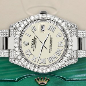 Rolex Datejust II 41mm Diamond Bezel/Lugs/Bracelet/Linen White Roman Dial Steel Watch 116300