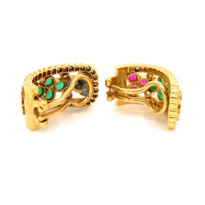 Estate 18K Yellow Gold Ruby, Sapphire and Emerald and Diamond Earrings