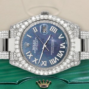 Rolex Datejust II 41mm Diamond Bezel/Lugs/Bracelet/Black Pearl Roman Dial Steel Watch 116300