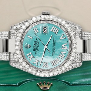 Rolex Datejust II 41mm Diamond Bezel/Lugs/Bracelet/Aquamarine MOP Roman Dial Steel Watch 116300