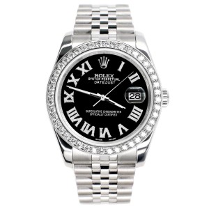 Rolex Datejust 116200 36mm 2.0ct Diamond Bezel/Black Diamond Roman Dial Steel Watch