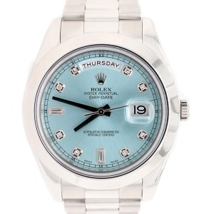 Rolex President Day-Date II 41mm Factory Ice Blue Diamond Dial Platinum Watch 218206 Box Papers