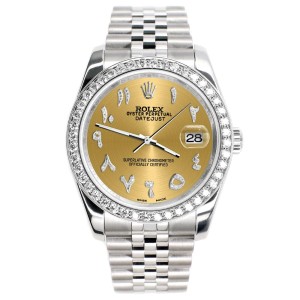 Rolex Datejust 116200 36mm 2ct Diamond Bezel/Champagne Diamond Arabic Dial Steel Watch