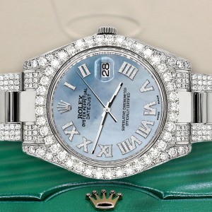 Rolex Datejust II 41mm Diamond Bezel/Lugs/Bracelet/Sky Blue Roman Dial Steel Watch 116300