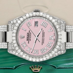 Rolex Datejust II 41mm Diamond Bezel/Lugs/Bracelet/Orchid Pink Roman Dial Steel Watch 116300
