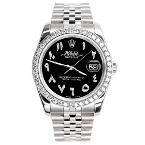 Rolex Datejust 116200 36mm 2ct Diamond Bezel/Black Diamond Arabic Dial Steel Watch