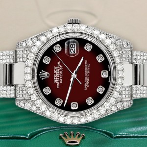Rolex Datejust II 41mm Diamond Bezel/Lugs/Bracelet/Maroon Vignette Diamond Dial Steel Watch 116300