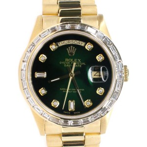 Rolex President Day-Date 36mm Yellow Gold Watch 3CT Baguette Diamond Bezel/Green Diamond Dial